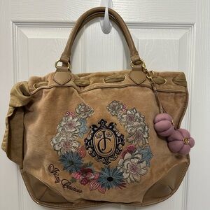 Juicy Couture Daydreamer Tan Floral Embroidered Tote Vintage